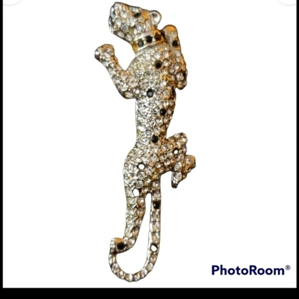 Silver Leopard Rhinestone Bling w/Black Spots BROOCH